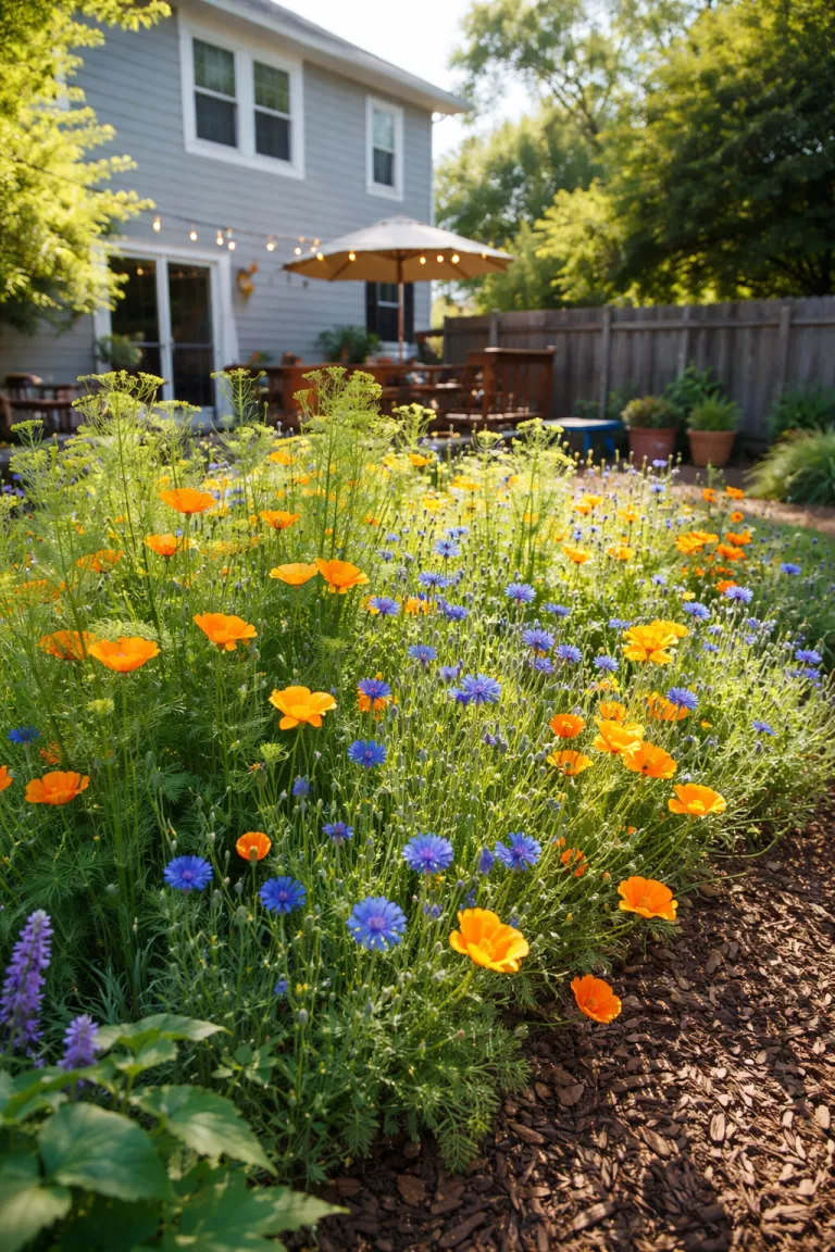 A realistic photo of a typical American home's backyard featuring a textured chaos garden zone with mixed orange poppies, tall green dill, and blue cornflowers growing densely together in a bed of dark wood mulch.