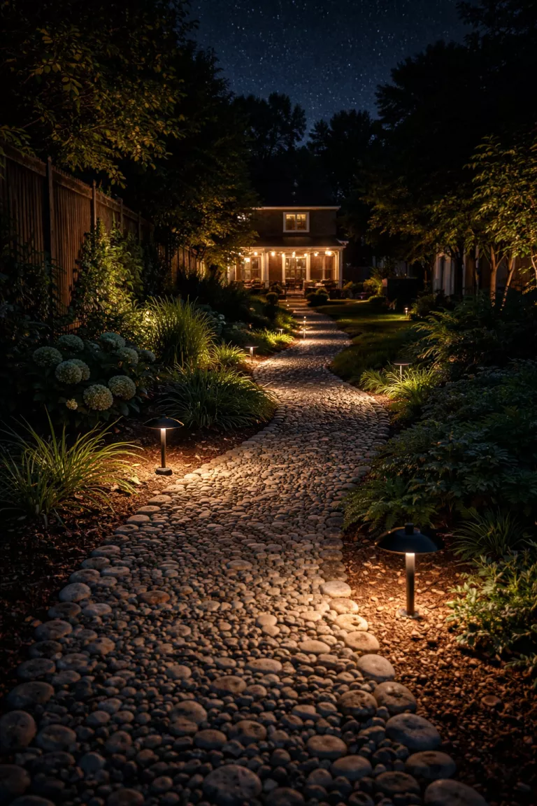 A realistic photo of a typical American home's backyard path at night with low level black copper downlights illuminating a pebble walkway while leaving the sky above completely dark and starry.