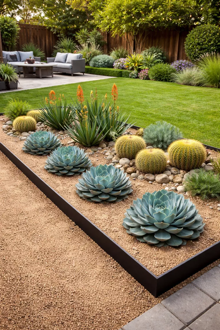 A realistic photo of a typical American home's backyard showcasing a structured succulent bed with a black metal edge, featuring blue echeveria, spiky green aloes, and golden barrel cacti set in fine tan decomposed granite.