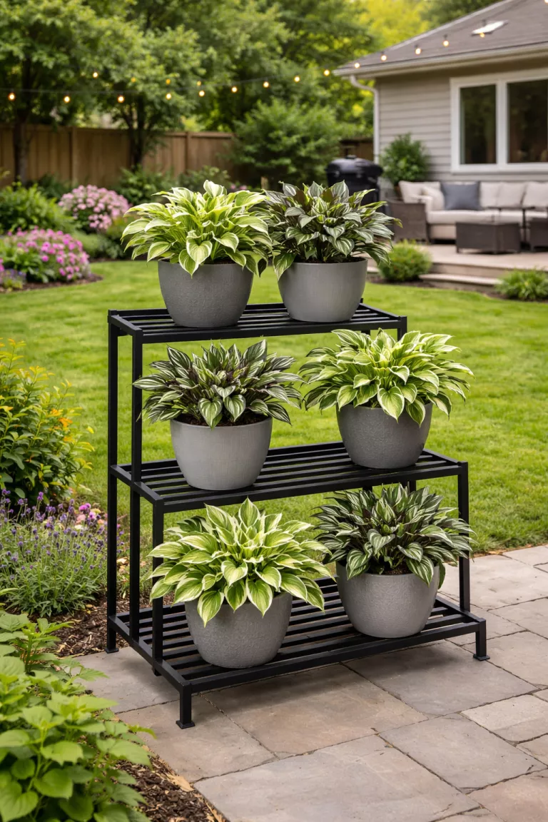 A realistic photo of a typical American home's backyard featuring a black tiered metal plant stand holding several white and green variegated hostas and striped calathea plants in modern gray resin pots.