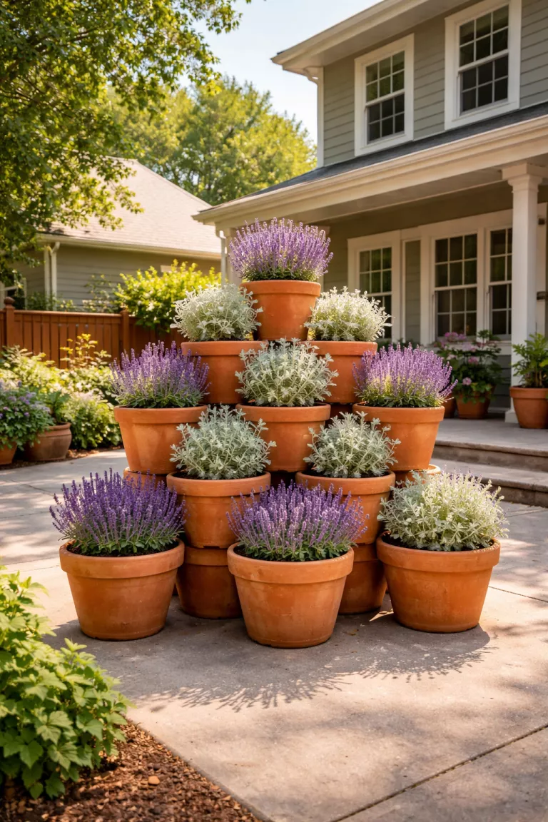 A realistic photo of a typical American home's backyard featuring stackable earthy orange terracotta pots arranged in a symmetrical pyramid shape holding purple lavender and silvery sage plants on a concrete patio.