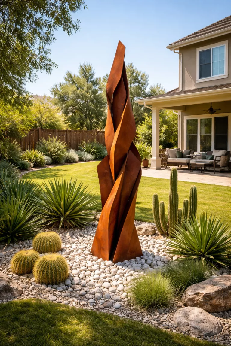 A realistic photo of a typical American home's backyard showing a tall rusted orange corten steel abstract sculpture standing in a bed of white river rocks surrounded by green desert yuccas and architectural cacti.