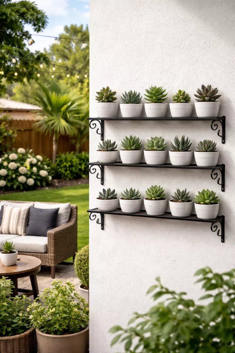 A realistic photo of a typical American home's backyard featuring a wall mounted black iron shelf holding a collection of rare succulents in small white ceramic pots on a bright white stucco wall.
