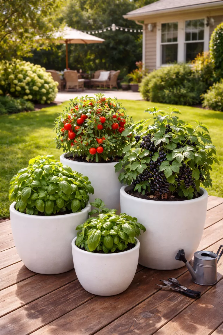 A realistic photo of a typical American home's backyard featuring a cluster of matte white ceramic pots on a wooden deck containing dwarf red tomato plants, green basil herbs, and ripe blackcurrant bushes in the sun.