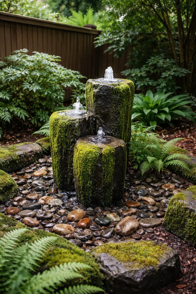 A realistic photo of a typical American home's backyard showing a dark gray basalt fountain covered in soft green moss situated in a shady corner with damp river stones and small woodland ferns.