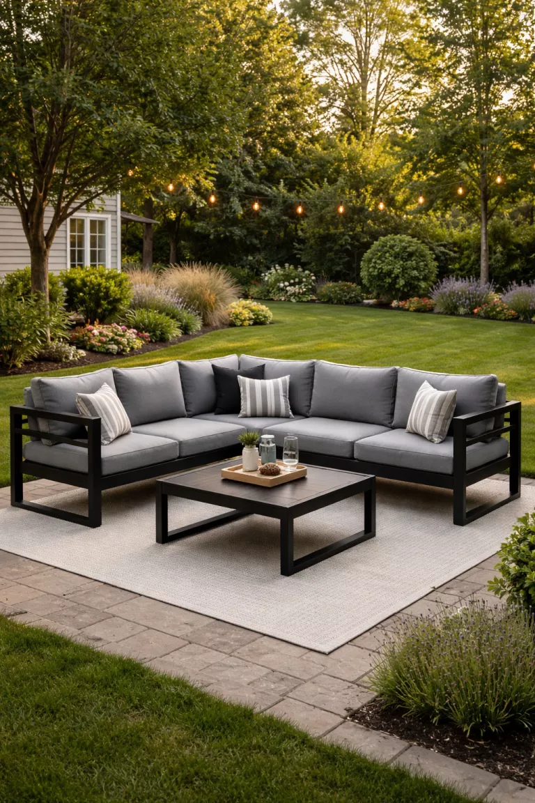 A realistic photo of a typical American home's backyard with a sectional sofa made of black powder-coated steel and gray weather-resistant upholstery.