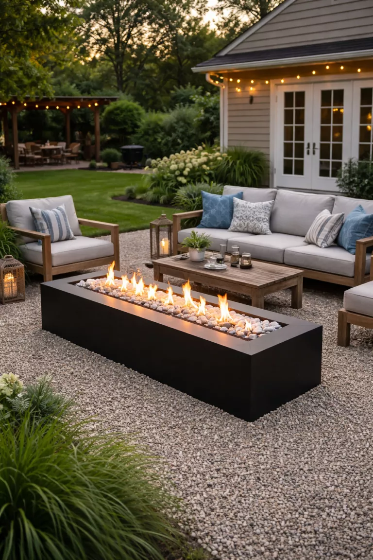 A realistic photo of a typical American home's backyard showcasing a linear black gas fire pit with white lava rocks on a gravel patio.