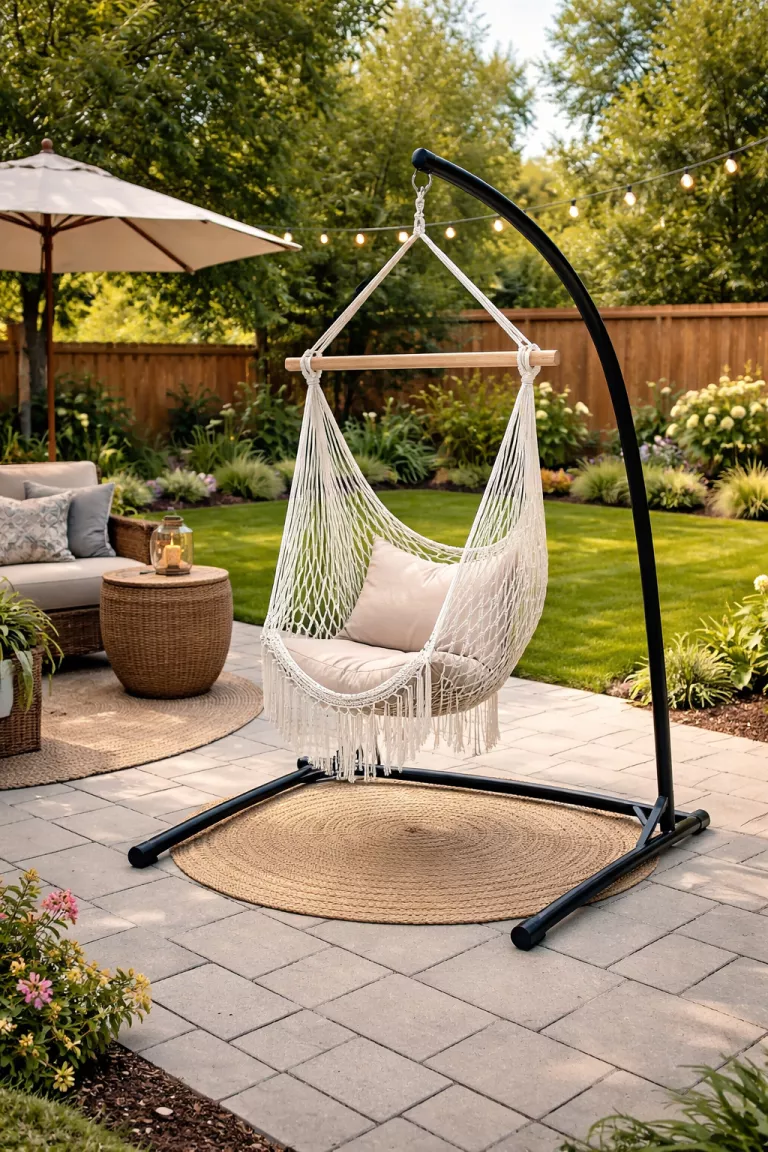 A realistic photo of a typical American home's backyard featuring a white mesh hammock chair hanging from a sleek black metal stand on a patio.