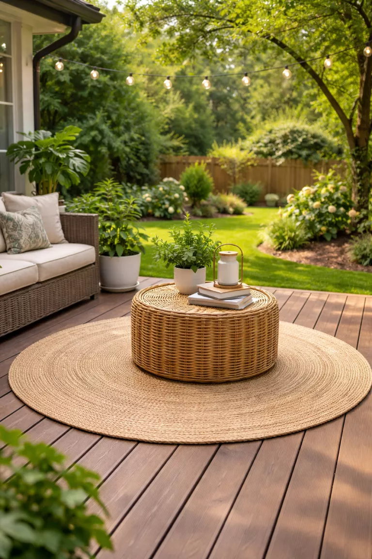 A realistic photo of a typical American home's backyard showing a round jute rug and a rattan side table on a wood deck.