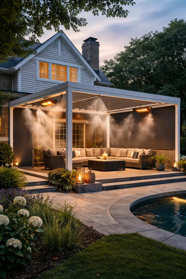 A realistic photo of a traditional American home's backyard featuring a top-tier bioclimatic pergola with integrated misting systems, infrared heaters, and sleek automated side screens for a complete outdoor climate control experience.
