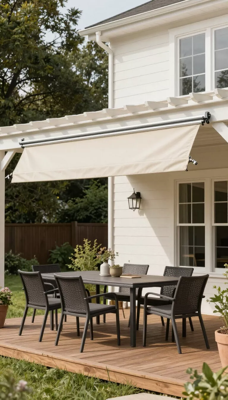 A realistic photo of a traditional American home's backyard where a wall-mounted pergola features a cream-colored weather-resistant fabric canopy partially retracted along sleek silver tracks, shading a stylish outdoor dining set on a wooden deck.