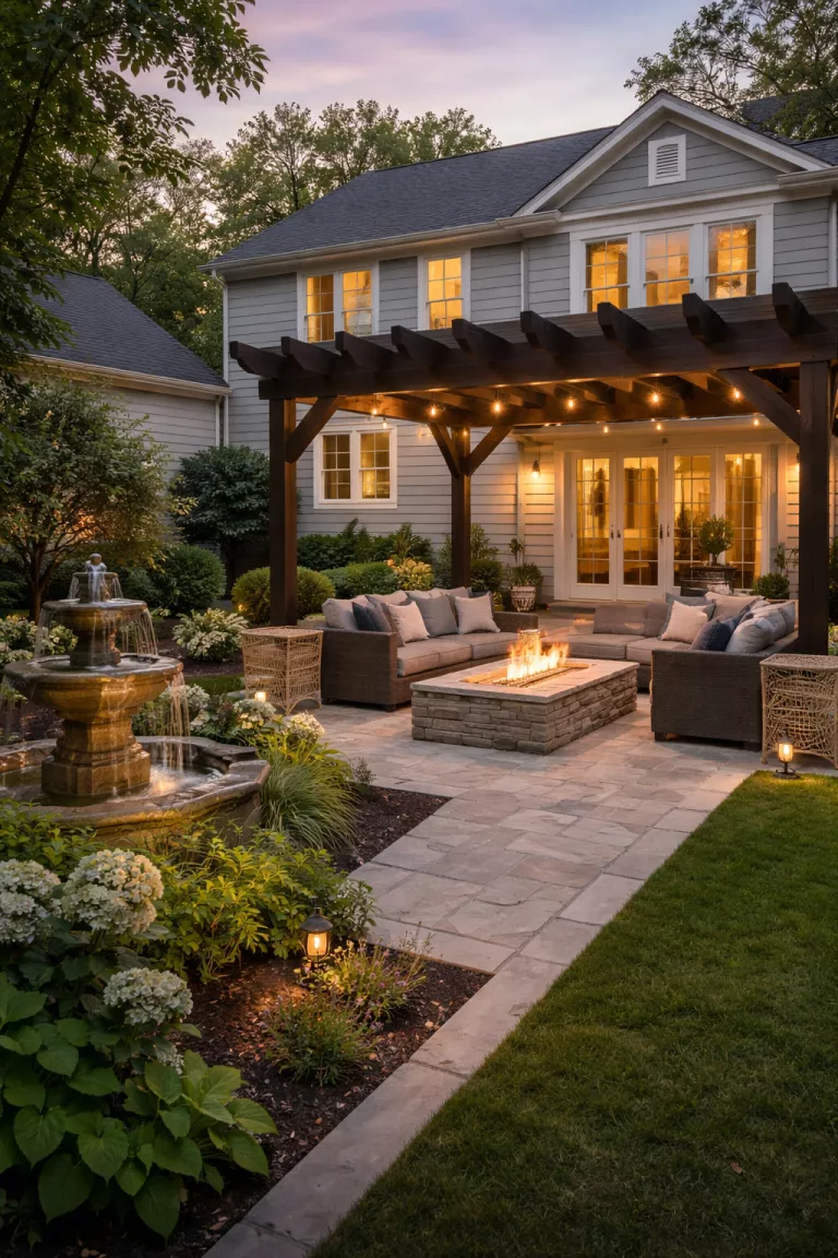 A realistic photo of a traditional American home's backyard featuring a modern pergola built over a linear gas fire pit with stone surrounds, complemented by a small trickling water fountain nearby to create a relaxing atmosphere.