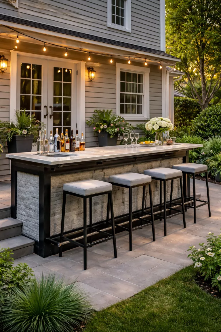 A realistic photo of a traditional American home's backyard showing an elegant elevated bar made of dark metal and light quartz, standing at 42 inches tall with sleek backless stools and a built in foot rail.