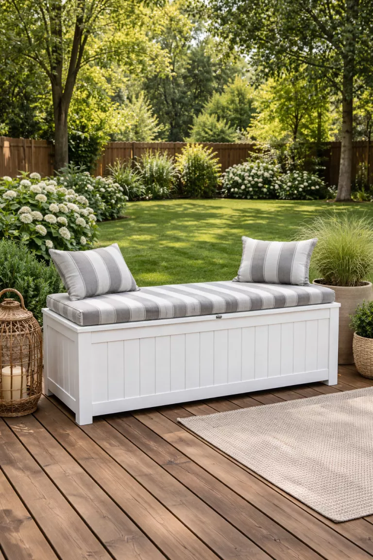 A realistic photo of a typical American home's backyard featuring a white wooden storage bench with a hinged lid and grey striped cushions sitting on a wooden deck.