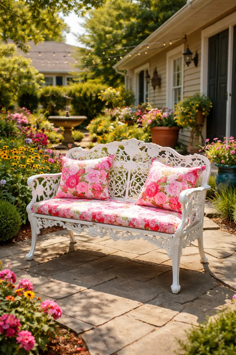 A realistic photo of a typical American home's backyard featuring a restored white cast iron bench with rose motifs and bright pink floral cushions in a sunlit courtyard.