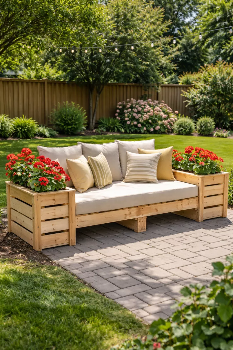 A realistic photo of a typical American home's backyard featuring a handmade bench made from light wood pallets with built-in side planters containing red geraniums.
