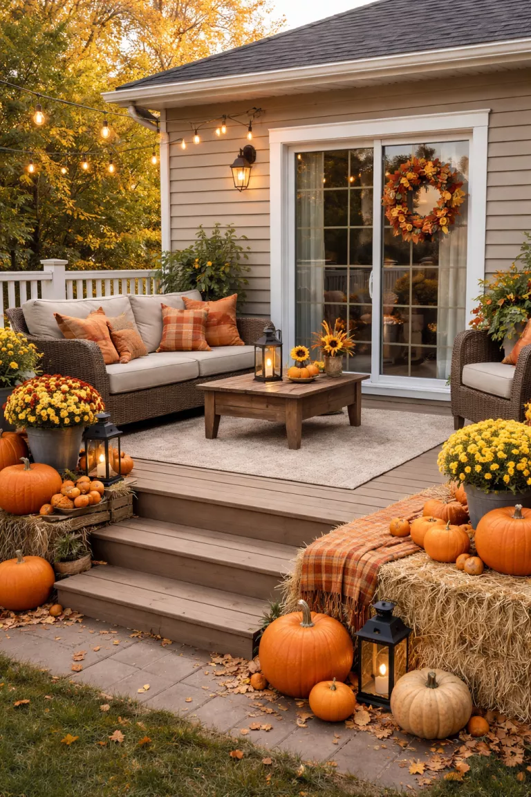 A realistic photo of a typical American home's backyard featuring a deck decorated for autumn with orange pumpkins, a straw bale, and a fall wreath on the door.