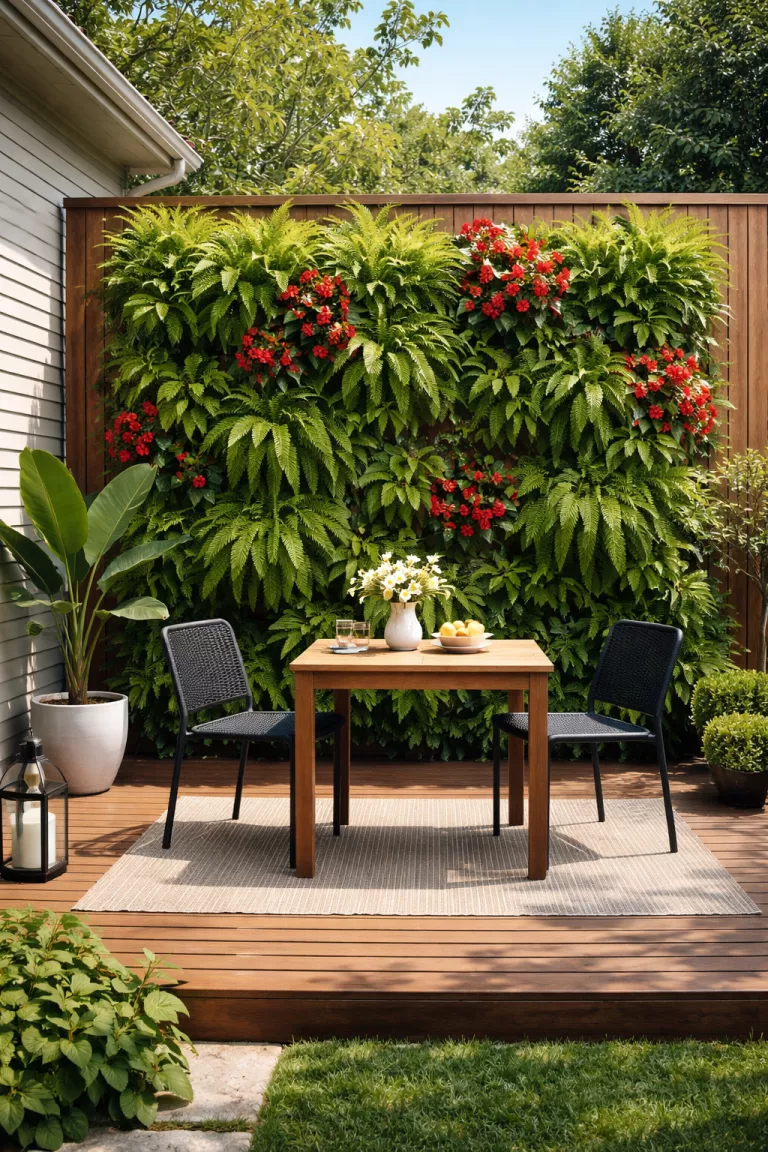 A realistic photo of a typical American home's backyard featuring a vertical wall garden filled with vibrant green ferns and red flowers behind a small wooden dining table and two black chairs on a sunny wood deck.