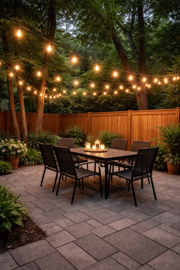 A realistic photo of a typical American home's backyard featuring several strands of Edison-style LED bistro lights draped across a wooden fence and tall trees above a gray stone patio with a simple black metal dining set and small white candles on the table.