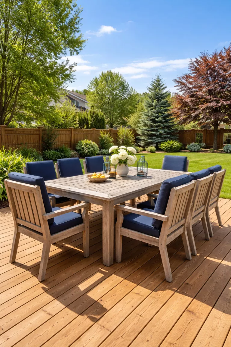 A realistic photo of a typical American home's backyard featuring a large weathered silver teak dining table and matching chairs with navy blue cushions, set on a natural wood deck with a clear blue sky in the background.