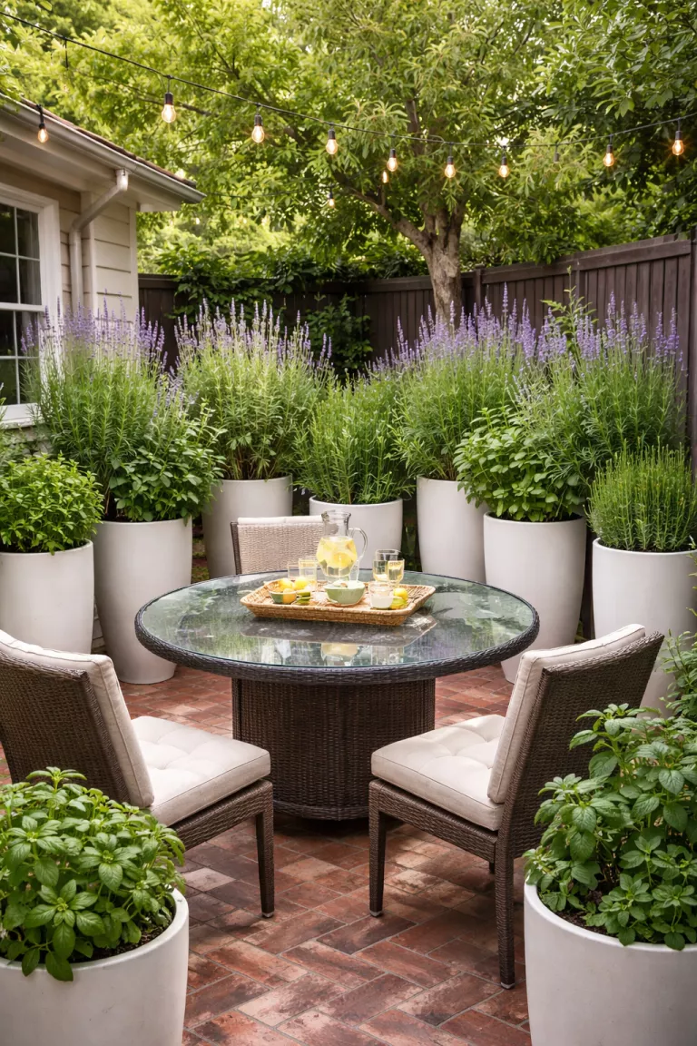 A realistic photo of a typical American home's backyard featuring a round glass table surrounded by tall white ceramic planters filled with aromatic green herbs and purple lavender, creating a natural privacy screen on a brick patio.