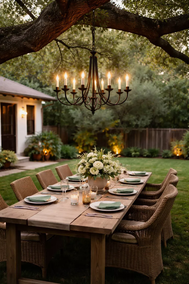 A realistic photo of a typical American home's backyard featuring a sophisticated black metal chandelier hanging from a large oak tree branch over a long wooden dining table set with white plates and green napkins.