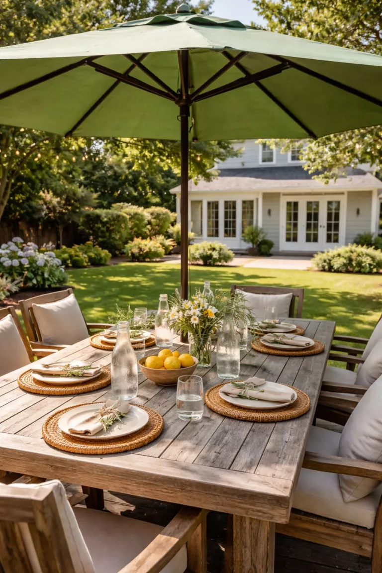 A realistic photo of a typical American home's backyard featuring a gray reclaimed wood dining table set with brown bamboo plates and clear glass bottles, under the shade of a large green umbrella.
