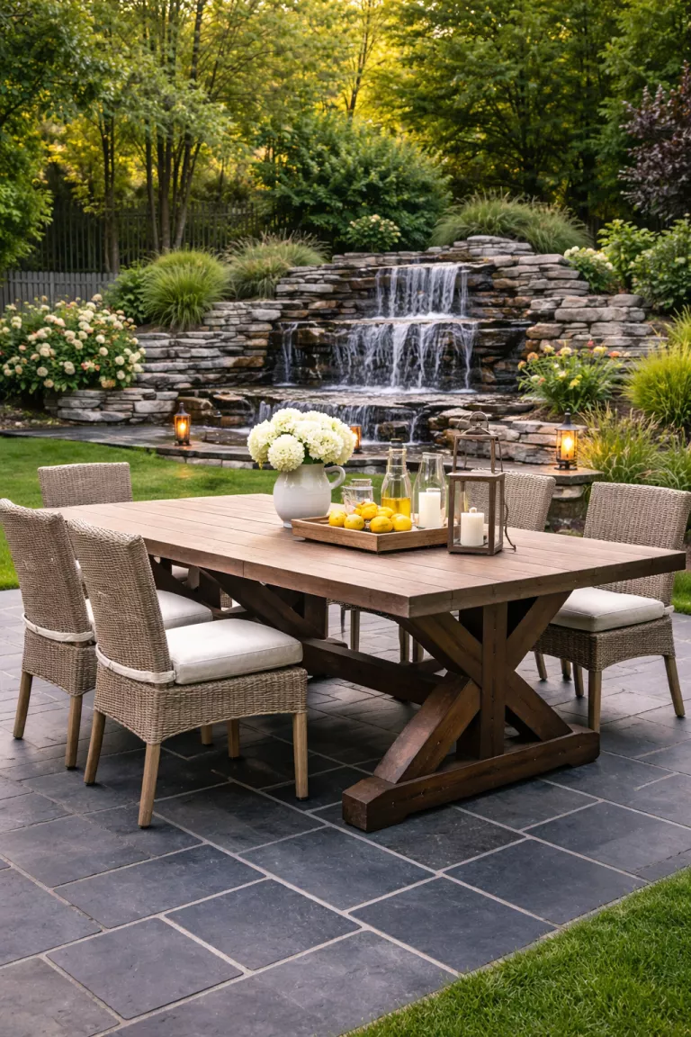 A realistic photo of a typical American home's backyard featuring a chunky dark wood farm table with cross-buck legs and a gray stone waterfall feature in the background, set on a dark gray slate patio.