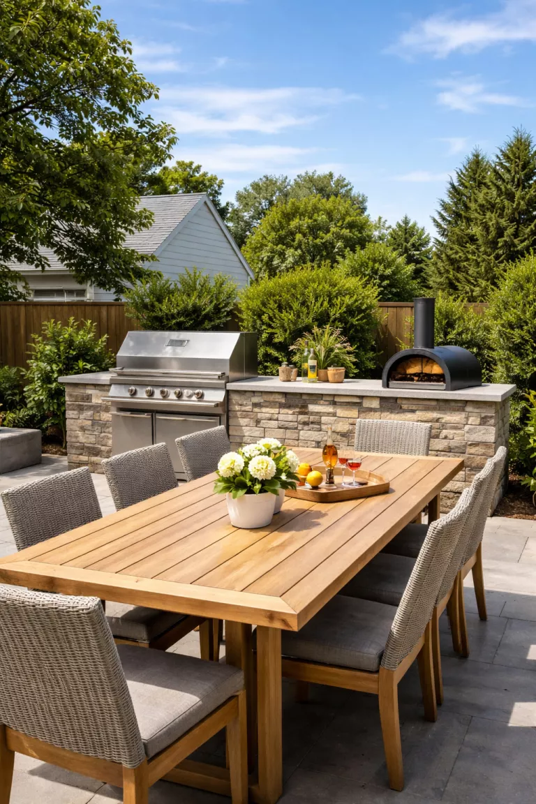 A realistic photo of a typical American home's backyard featuring a built-in stainless steel grill and stone countertop adjacent to a modern wooden dining table, with a small black pizza oven sitting on the counter and blue sky above.