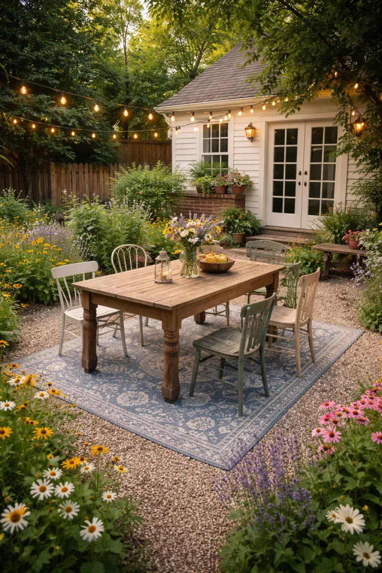A realistic photo of a typical American home's backyard featuring a pea gravel courtyard with a rustic wooden farm table, mismatched vintage chairs, and a blue patterned area rug under the table, bordered by wildflowers.