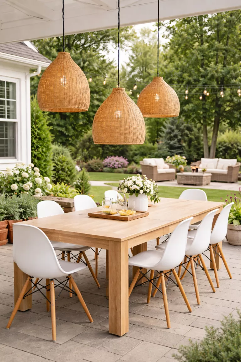 A realistic photo of a typical American home's backyard featuring three large tan woven rattan pendant lights hanging at different heights over a light wood dining table with white chairs on a paved patio.