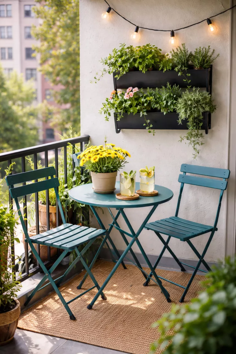 A realistic photo of a tiny urban balcony featuring a teal metal folding bistro table and two matching chairs, decorated with a small potted yellow daisy and two clear glasses of lemonade, with a black vertical planter on the wall.