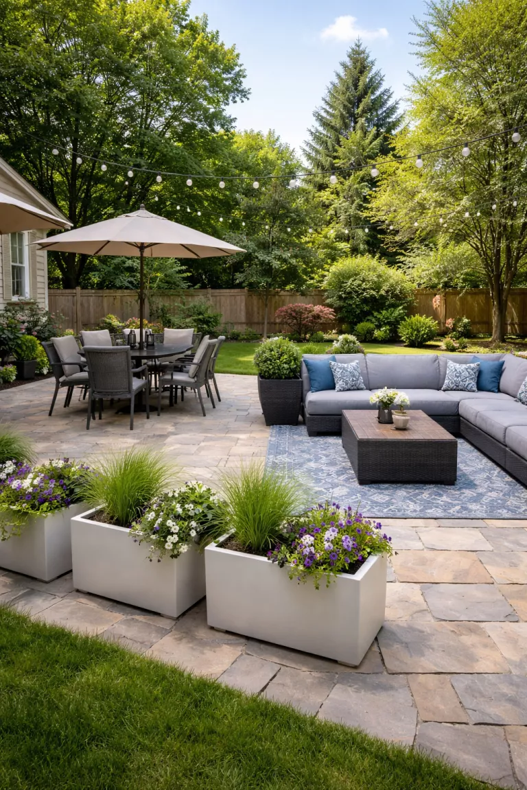 A realistic photo of a typical American home's backyard featuring a large stone patio divided into a dining area with a black table and a lounging area with a gray outdoor sofa, separated by a row of white planters.