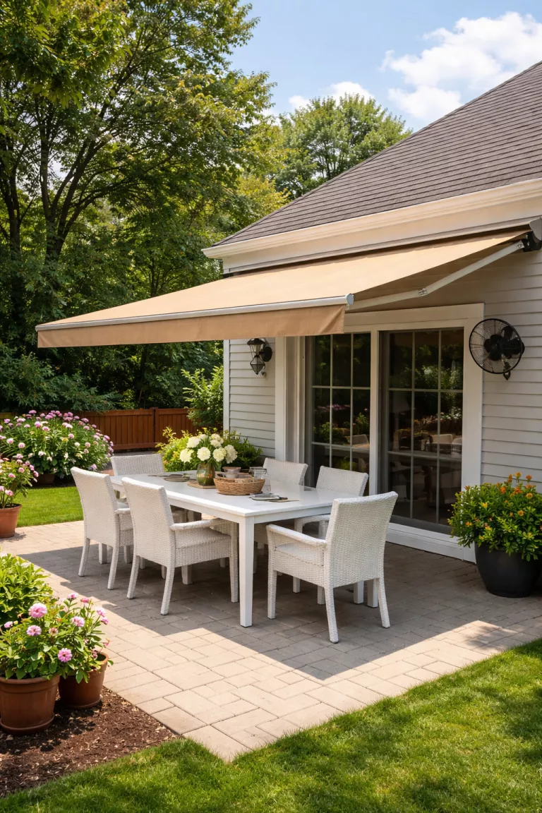 A realistic photo of a typical American home's backyard featuring a large tan motorized retractable awning extending over a white dining table and chairs, with a small black outdoor fan attached to the house wall.