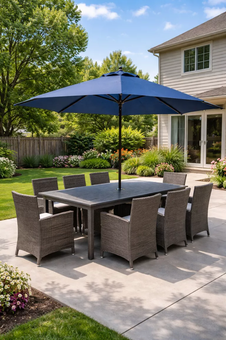 A realistic photo of a typical American home's backyard featuring a gray wicker modular dining set with stackable chairs and an extendable table on a concrete patio, with a large blue umbrella providing shade.