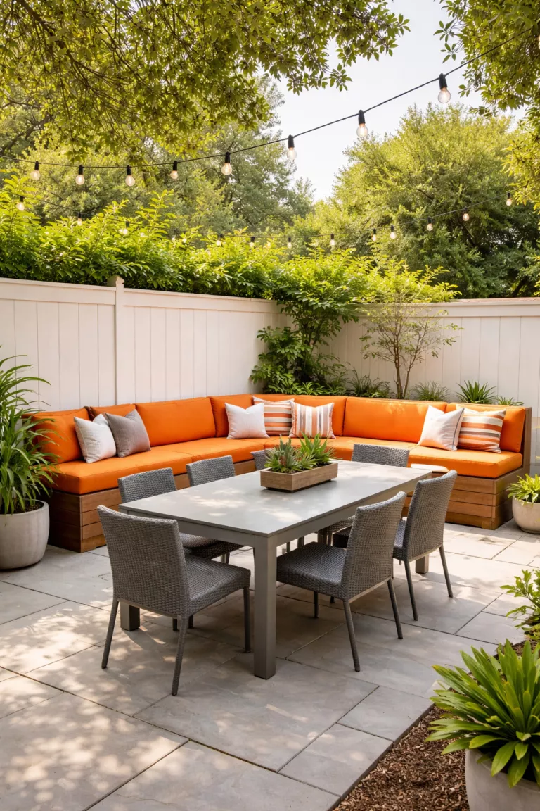 A realistic photo of a typical American home's backyard featuring an L-shaped wooden built-in bench with bright orange cushions along a white fence, combined with a modern gray rectangular dining table and green potted plants.