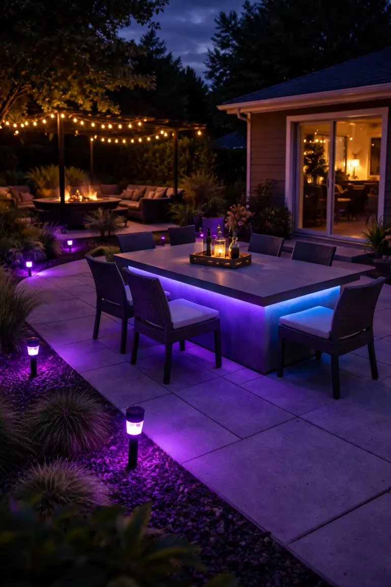 A realistic photo of a typical American home's backyard featuring a modern dining area with color-changing LED strips under the edge of a concrete table and small black smart path lights glowing purple on a dark night.