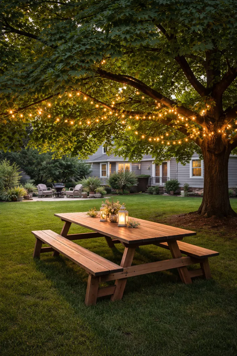 A realistic photo of a typical American home's backyard featuring a long wooden picnic table positioned under a massive green leafy maple tree, with delicate white fairy lights woven through the lower branches.