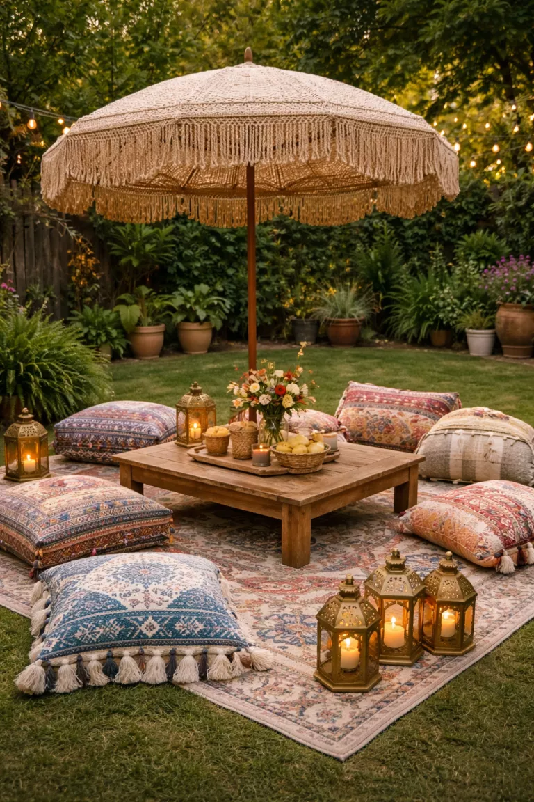 A realistic photo of a typical American home's backyard featuring a low wooden coffee table surrounded by colorful patterned floor cushions, a tan macrame umbrella, and several brass lanterns on a patterned outdoor rug.