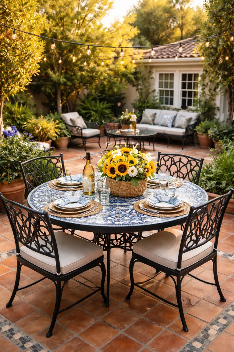 A realistic photo of a typical American home's backyard featuring a colorful blue and white mosaic tiled dining table, a black wrought iron frame, and silver silverware on a Mediterranean style tiled terrace.