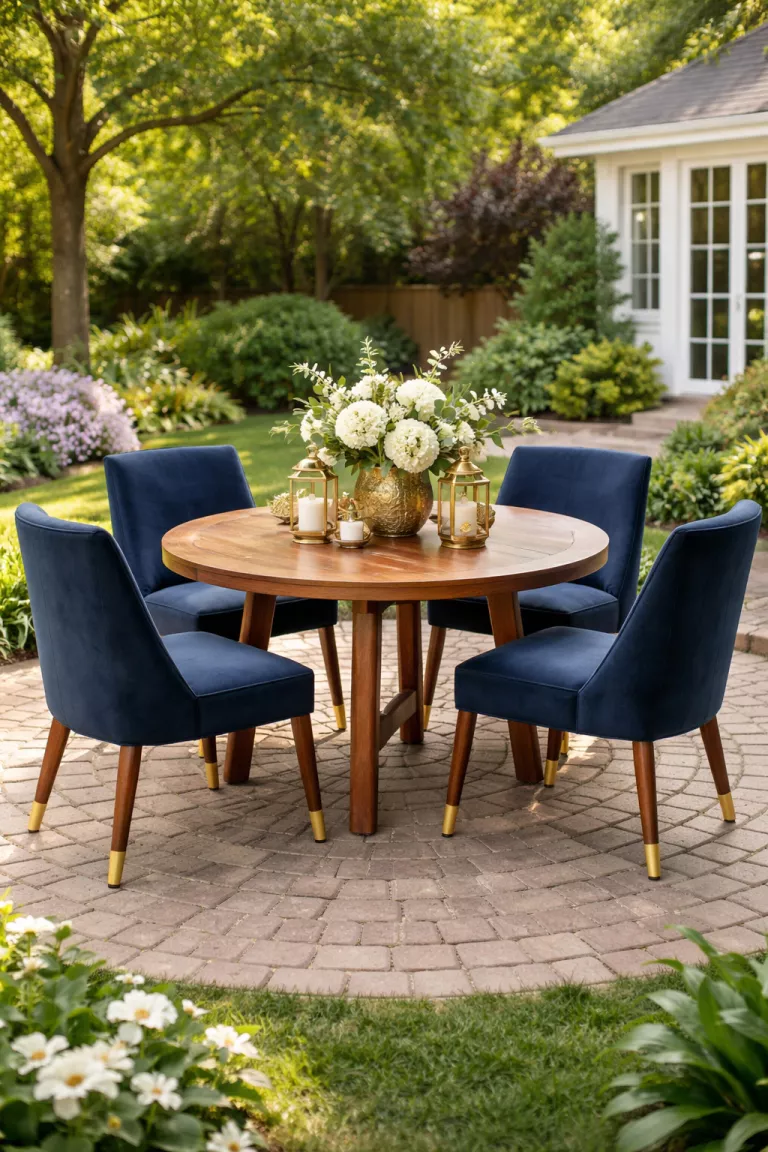 A realistic photo of a typical American home's backyard featuring a warm brown acacia wood round table with flared legs, navy blue velvet outdoor chairs, and gold brass ornaments on a circular brick patio.