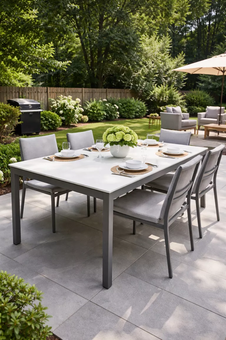 A realistic photo of a typical American home's backyard showcasing a matte white ceramic top dining table with slim gray legs, fine white china plates, and a simple green centerpiece on a modern tiled patio.