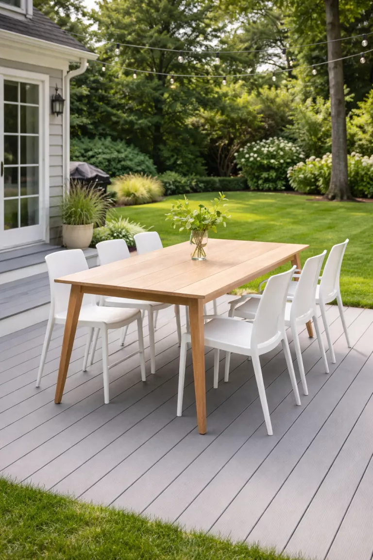 A realistic photo of a typical American home's backyard featuring a light oak wood dining table with tapered legs, white stackable chairs, and a small glass vase with green leaves on a light gray deck.