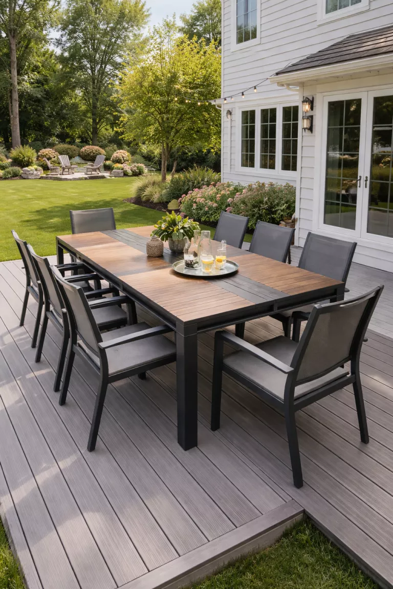 A realistic photo of a typical American home's backyard with a modular interlocking wood and metal dining table, gray chairs, and a small silver serving tray on a large modern deck.