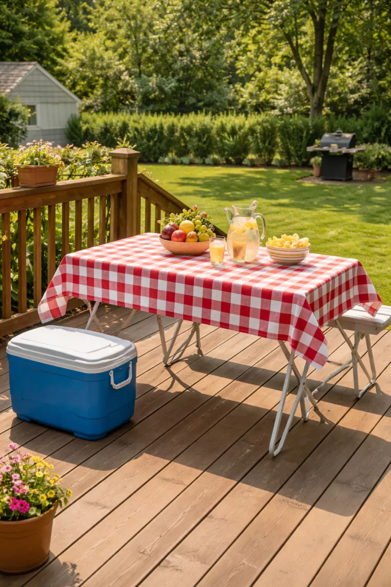 A realistic photo of a typical American home's backyard featuring a compact white foldable metal picnic table, a red and white checkered tablecloth, and a small blue cooler sitting on a wooden balcony.