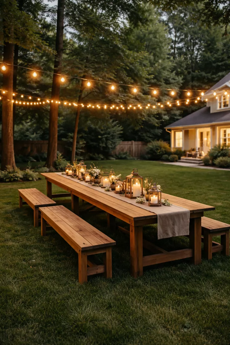 A realistic photo of a typical American home's backyard showcasing a long natural wood farmhouse banquet table, wooden benches, and overhead warm yellow string lights in an open grassy area.