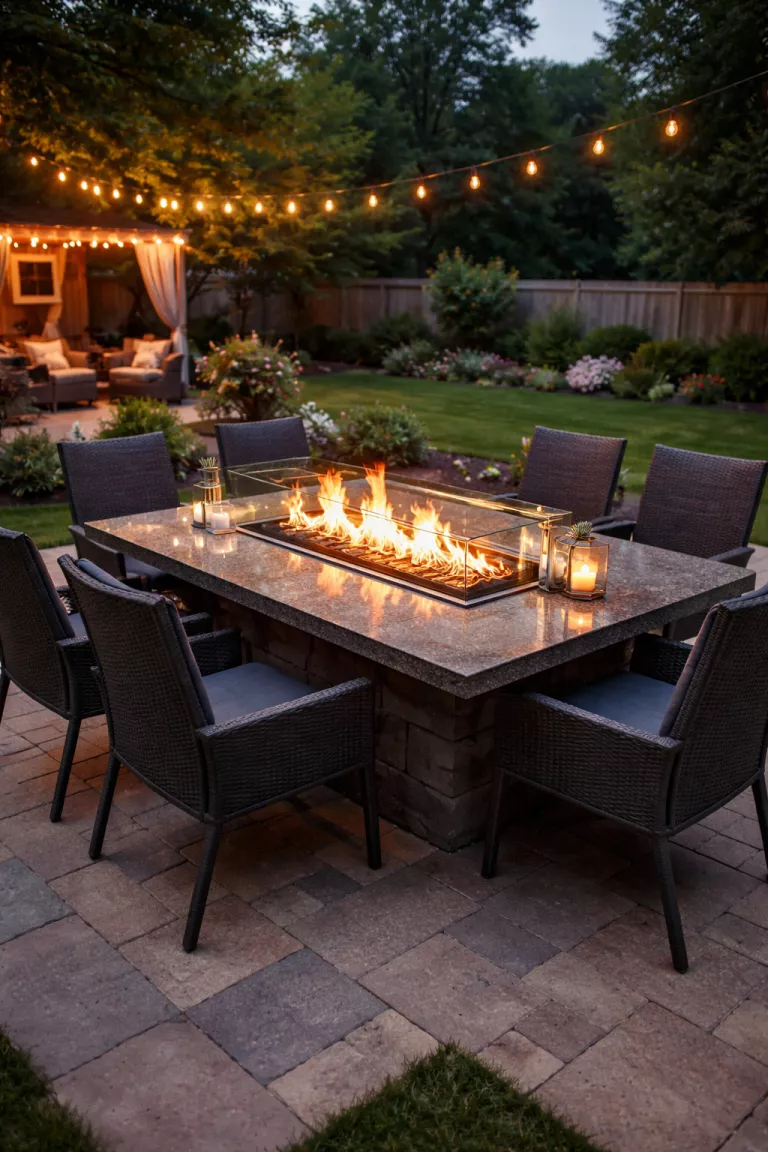 A realistic photo of a typical American home's backyard with a dark gray stone fire pit dining table, charcoal gray heat resistant chairs, and a glass wind guard around central orange flames on a stone patio at dusk.
