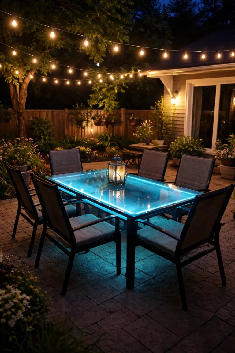 A realistic photo of a typical American home's backyard showcasing a glass topped dining table with glowing blue solar led strips underneath, black metal chairs, and white string lights above a patio at night.