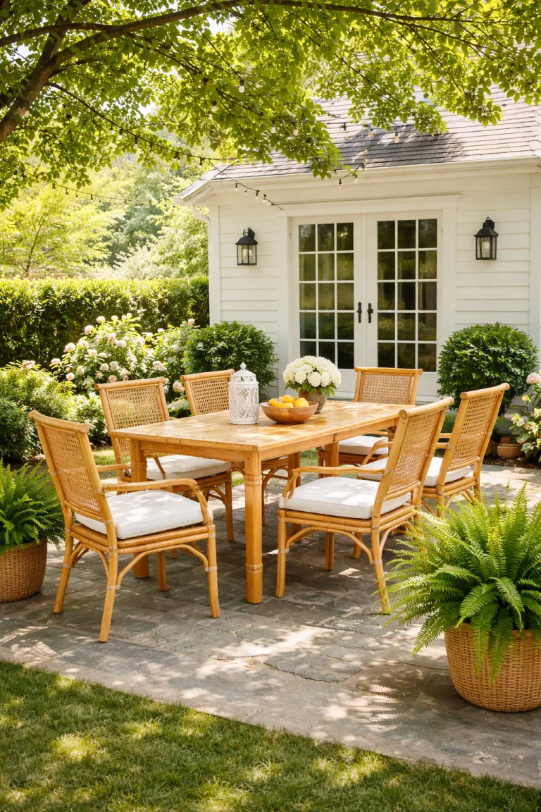 A realistic photo of a typical American home's backyard with a light tan bamboo dining table, matching bamboo chairs, and large green potted ferns on a shaded stone patio.