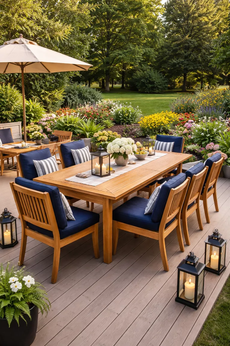 A realistic photo of a typical American home's backyard with a honey colored extendable teak dining table, navy blue nautical cushions on chairs, and several black metal lanterns scattered around an oversized deck overlooking a flower garden.